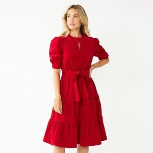 Draper James RSVP Corduroy Tiered‎ Dress Ruffle Neck Puff Sleeve Red Womens XL